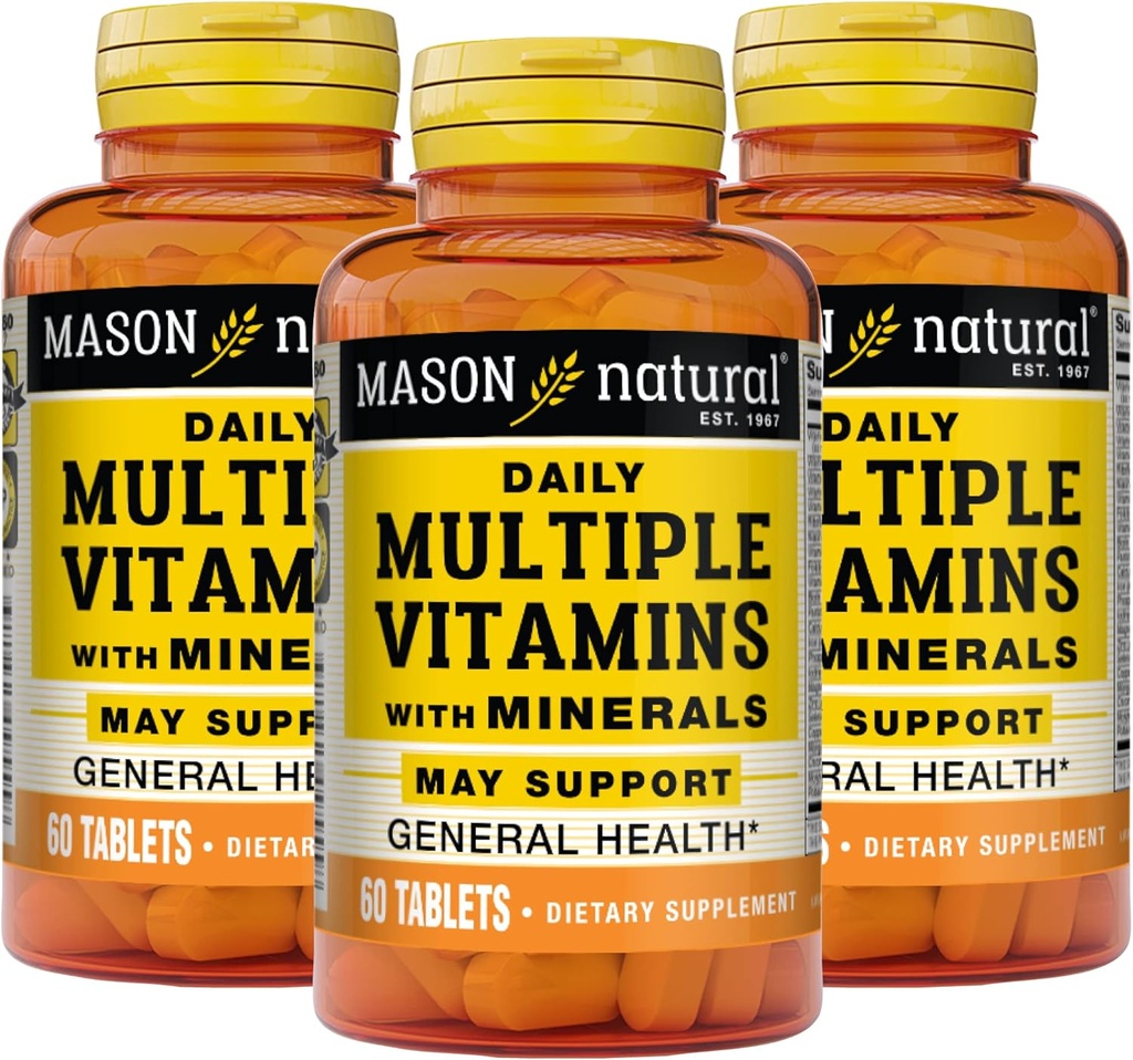MASON NATURAL Daily multiple Vitamins with Minerals - 24 Temel Vitaminler ve Mineraller, All in One Multivitamin, Supports General Health, 60 Tabletler (Pack of 3)