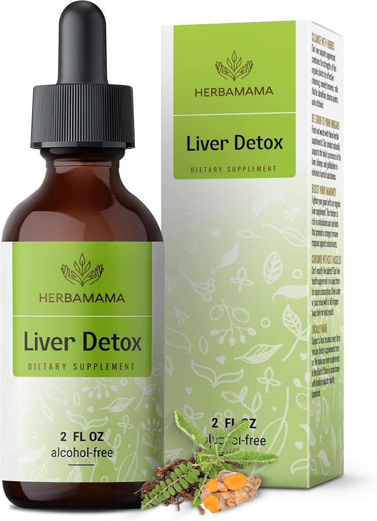 HERBAMAMA Ηπατική Υποστήριξη Βάμμα - Vegan Liquid Detox Detox Drops with Milk Thittle, Dandelion Root & Chanca Piedra - Μη ΓΤΟ, Αλκοόλ & Χωρίς ζάχαρη Συμπλήρωμα Υγρής Καθαριότητας, 42-Ημέρα προσφοράς