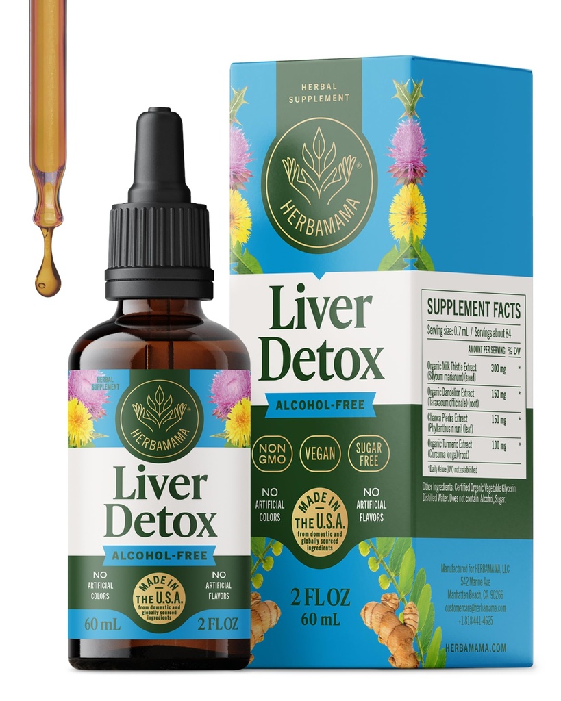 HERBAMAMA Liver Cleanse Detox & Tamir - Liver Support Supplement - Süt Butle, Dandelion Root & Chanca Piedra - Alkol & Sugar-Free Liquid Cleanse Supplement, 42-Day Supply
