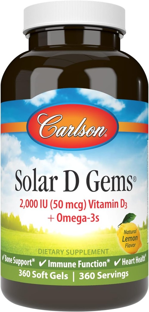 Carlson - Solar D Gems, D3 ve Omega-3 Supplement, 2000 IU (50 mcg) D3, 115 mg Omega-3s EPA ve DHA Supplement, Wild Caught, Sustainable Sourced, Lemon, 360 Softgels