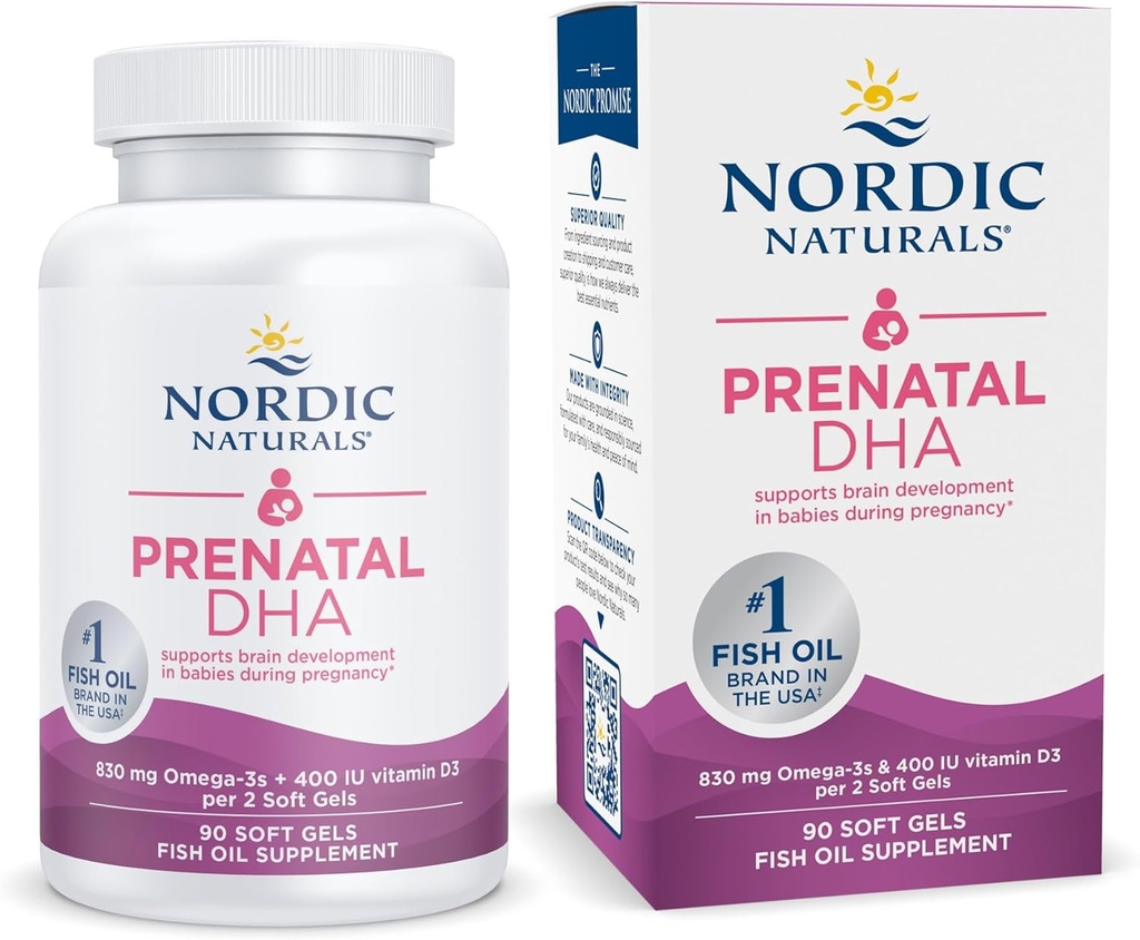 Nordic Naturals Prenatal DHA, Unflavored - 90 Soft Gels - 830 mg Omega-3 + 400 IU Vitamin D3 - Gecikme sırasında bebeklerde Beyin Gelişimi - Non-GMO - 45 Hizmetler