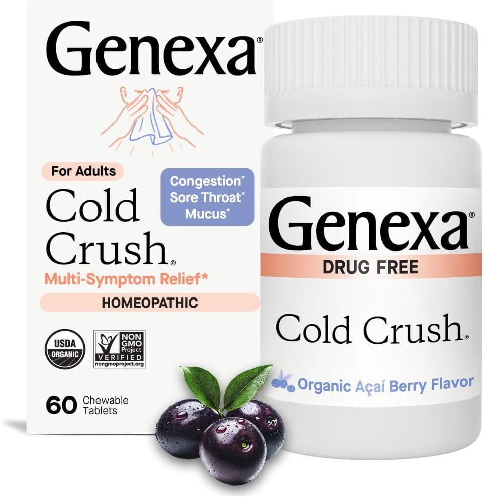 Genxa Cold Crush | Multi-Symptom Cough & Cold Relief for Yetişkinler | Delicious Organic Acai Berry Flavor | Sertifikalı Organik & Non-GMO | Homeopathic Remedy Made Clean | 60 Chewable Tabletler
