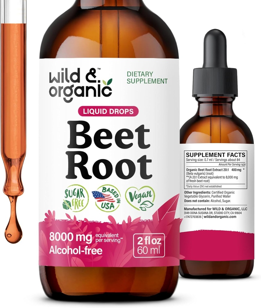 Wild & Organic Beet Root Tincture - 8000 mg Fresh Beetroot Ekstraksiyon Eşdeğer - Erkekler ve Kadınlar için Sıvı Arıt Kök Supplements - Servis başına 400 mg - Vegan, Alkol & Sugar-Free - 2 f ozzz