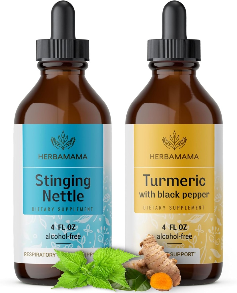 HERBAMAMA Herbal Liquid Drops Kit - Sting Nettle & Turmeric Curcumin Tincture 4 fl oz - Vegan, Non-GMO, Sugar & Alkol Free - 2 Pack