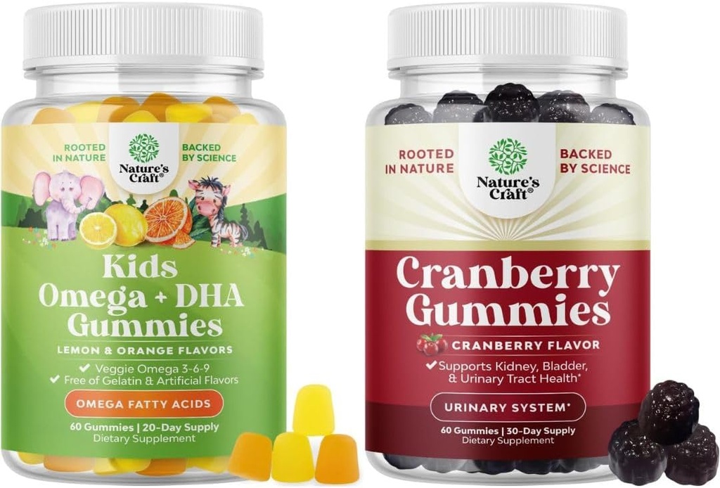 Πακέτο Φυτικών Ωμέγα 3 Gummies για τα παιδιά και Φυσικό Cranberry Gummies για τις γυναίκες και τους άνδρες - για την όραση Ανοσία και Focus Υποστήριξη - για την υγεία των ουροφόρων πτηνών