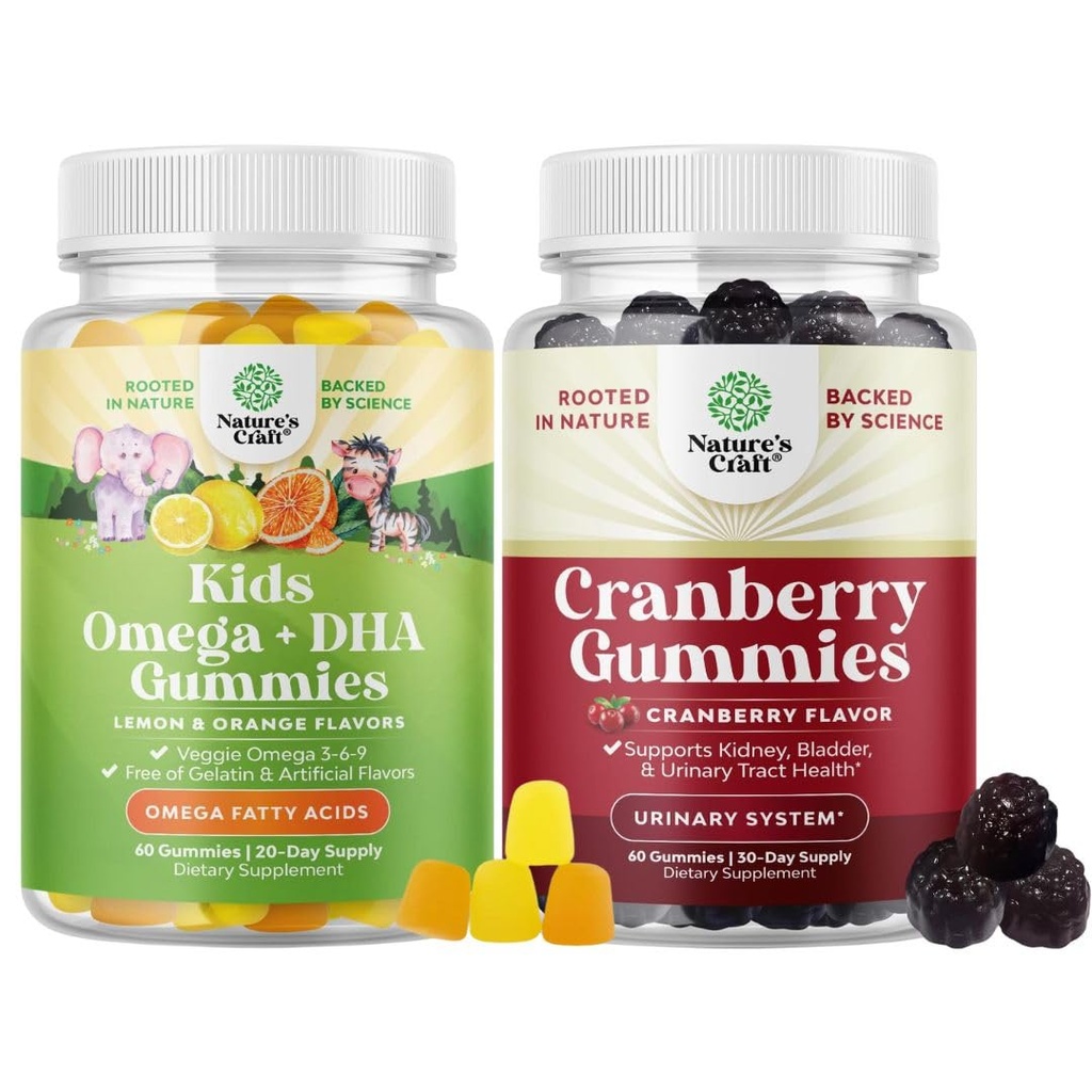 Plante Dayalı Omega 3 Gummies for Kids and Natural Cranberry Gummies for Women and Men - for Vision Immunity and Focus Support - For Urinary Tract Health Kidney Support Bladder and Immunity