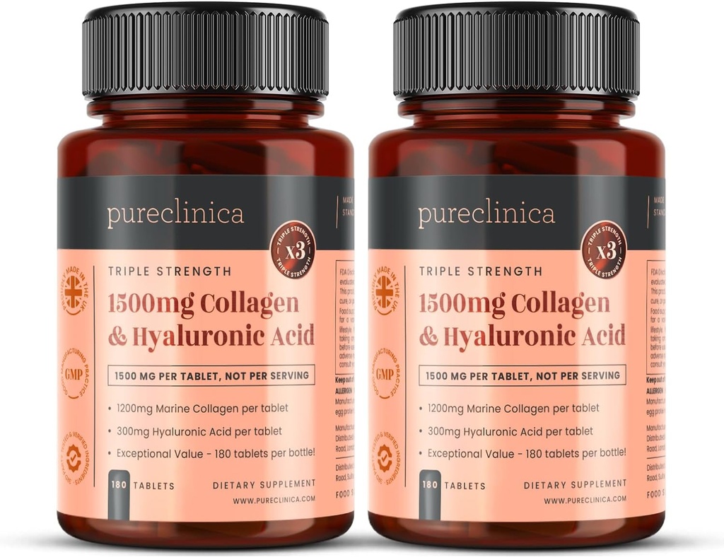 Safclinica UltraColl Collagen & Hyaluronic Acid 1500 mg x 360 Tabletler (2 180 Şişe) - 1 Yıl Supplys of 180)