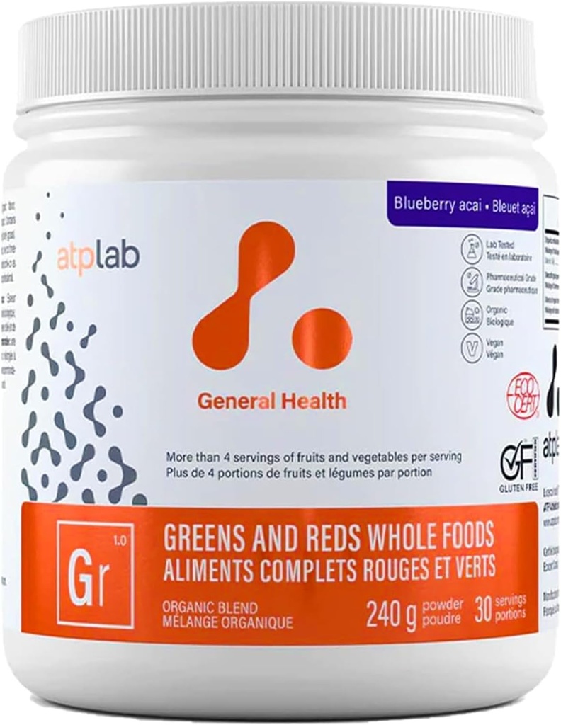 ATP LAB - Πράσινα και κόκκινα ολόκληρα τρόφιμα 240g (Blueberry Acai Flavour) - Αθλητικά Πράσινα σκόνη Superfood - Βελτίωση Mood και κυκλοφορία - Μείωση της πίεσης