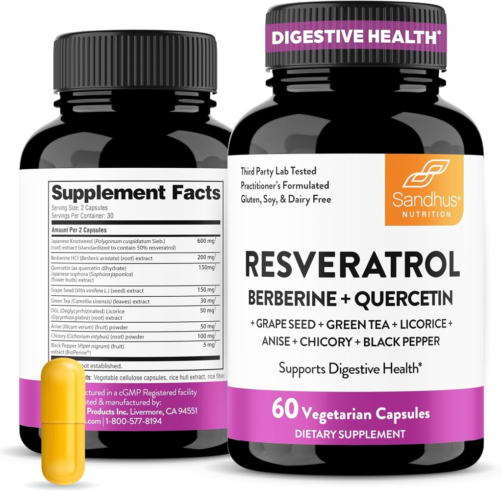 Sandhu's Resveratrol with Berberine for Gut Health | Digestive Supplement for Women & Men | Green Tea, Star Anise, DGL, Grape Seed Extract & Quercetin | Eases Bloating | 60 Capsules
