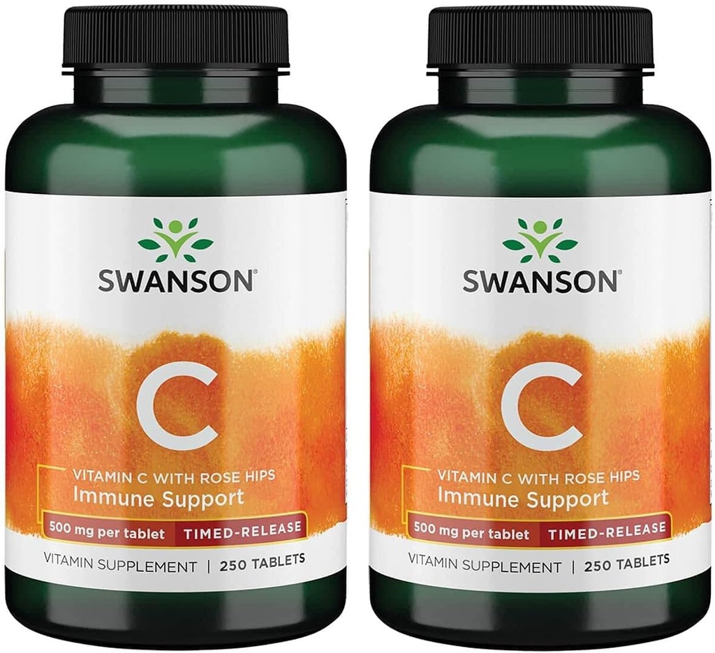 Swanson Timed- Release Βιταμίνη C με Rose HIPS ανοσοποιητικό σύστημα Υποστήριξη Καρδιαγγειακής Υγείας του δέρματος Αντιοξειδωτικό συμπλήρωμα 500 mg 250 δισκία (Tabs) (2 Συσκευασία)