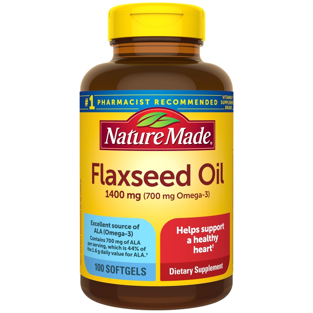 Nature Made Extra Strength Flaxseed Oil 1400 mg, Fish Free Omega 3 Supplement, Diyetsel Supplement for Heart Health Support, 100 Softgels, 100 Day Supply Supply