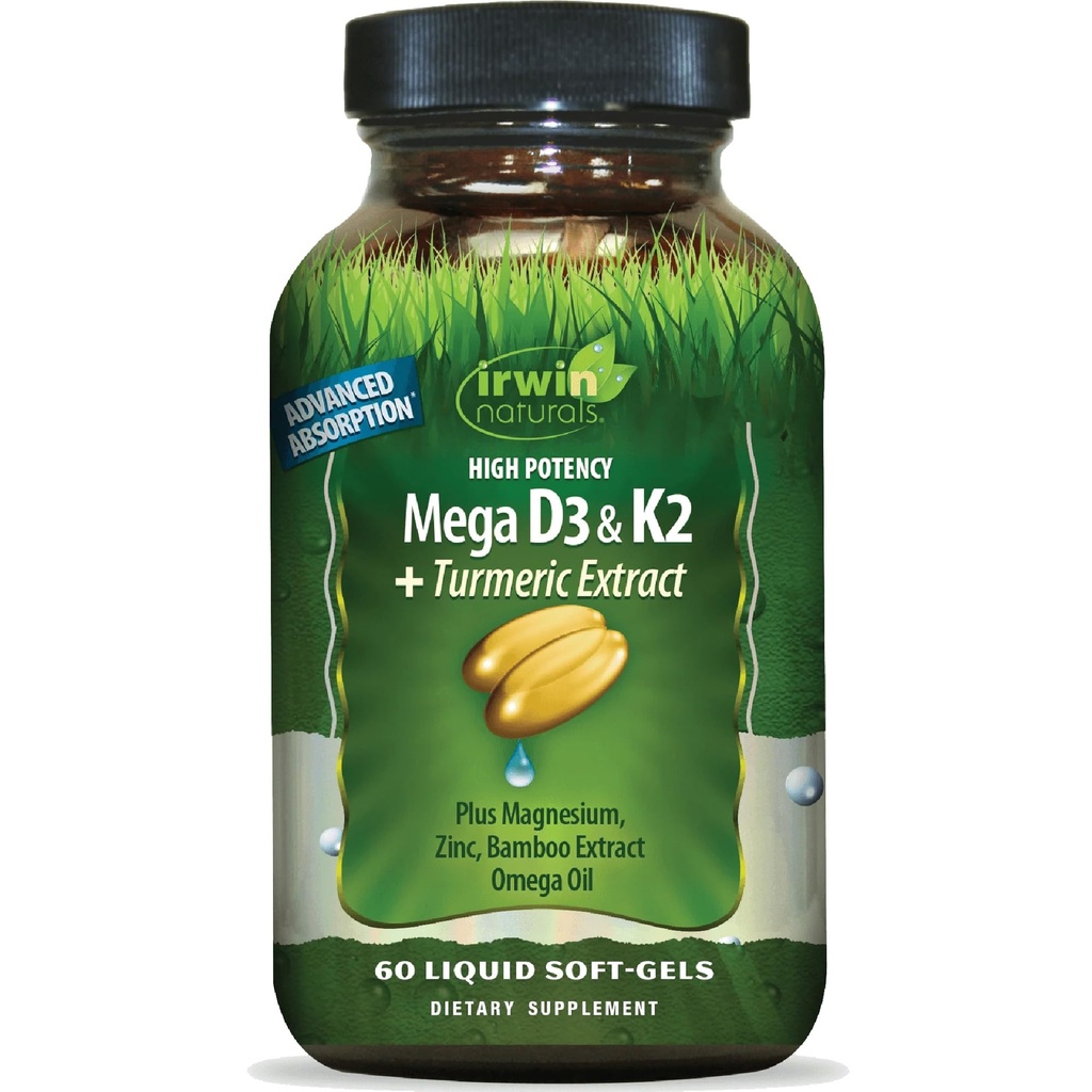Irwin Naturals Υψηλή ισχύς Mega D3 & K2 + εκχύλισμα κουρκουμά - 60 υγρά Softgels - υγιή οστά & ανοσοποιητική λειτουργία