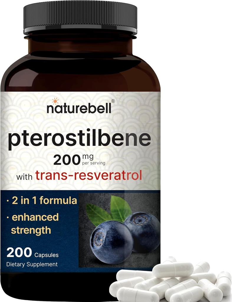 Pterostilbene ile 98 Trans-Resveratrol, 200 mg Oda, 200 Capsules | Doğal olarak Vahşi Blueberries - Sağlıklı Ağ Desteği için Anti Supplementoksit - Non-GMO