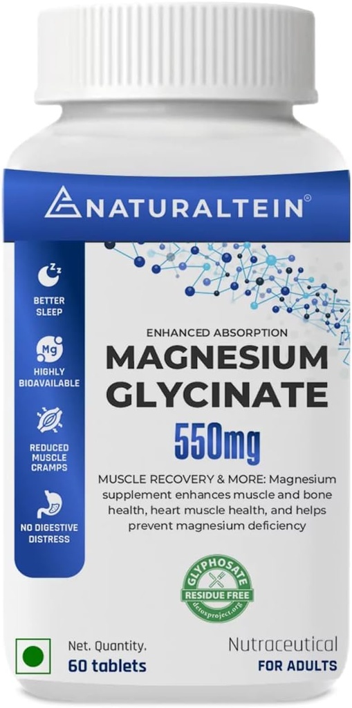 Magnezyum Glycinate Supplement - 60 Tablet x 121 mg Elemental, 555 mg When Daily Women Pure Chelated Bisglycinate for Good Health and Sleep - Tested and Trusted for Heavy Metals