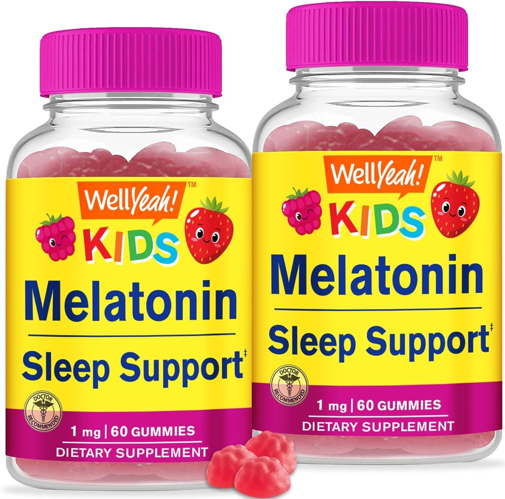 WellEvet Çocuklar Melatonin Gummies 1 mg (2 Pack) - Uyuşturucu Özgür Uyku Yardımı Gummy Supplement, Çocuklar için Uyku Desteği - Gluten Ücretsiz, Gelatin Ücretsiz, GMO, Vegetarian - Natural Sourced Flavor - 60 Gummies