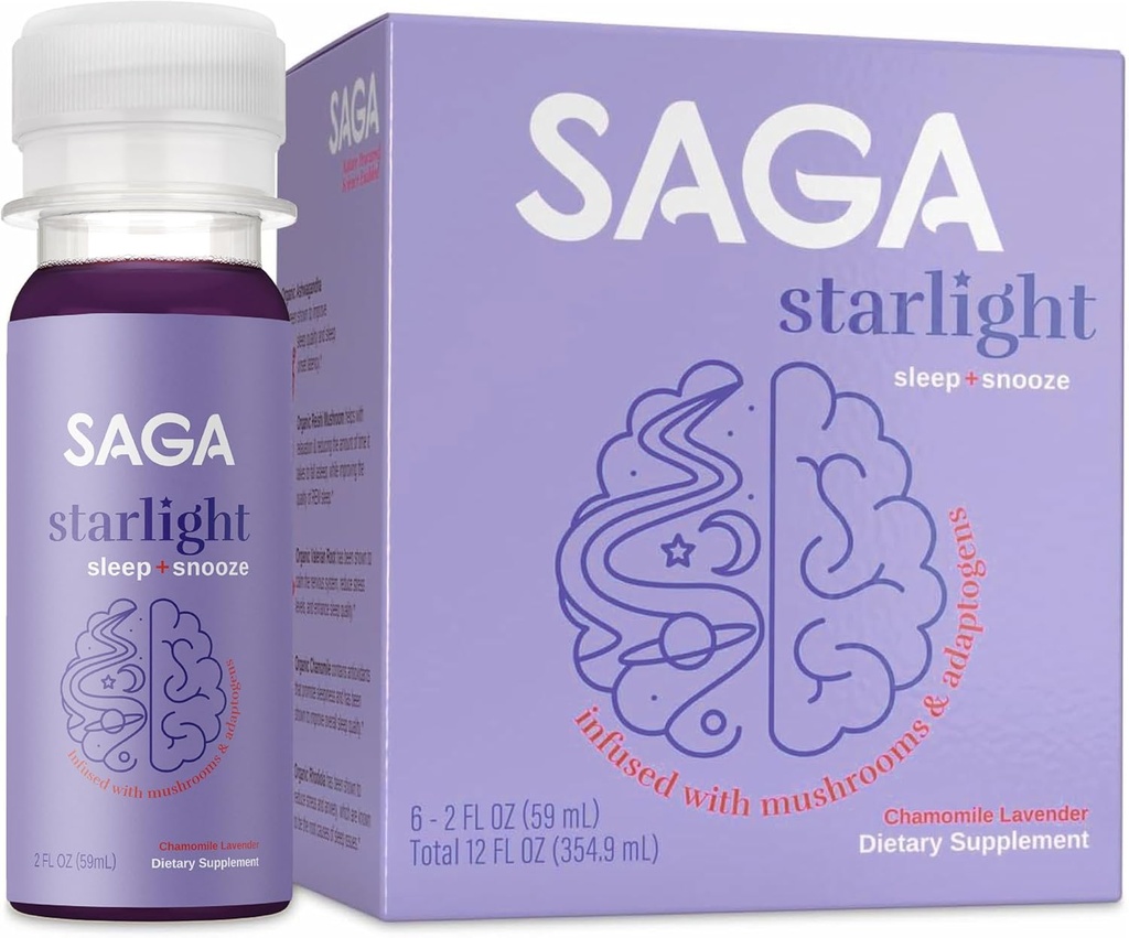 SAGA Starlight Organic Sleep Shots – Natural Sleep Aid with Melatonin, Reishi, Valerian Root, Ashwagandha, Chamomile – Sugar-Free, Vegan, Zero Calories, Plant-Based Sleep Support, Travel Dimension (2 Oz)