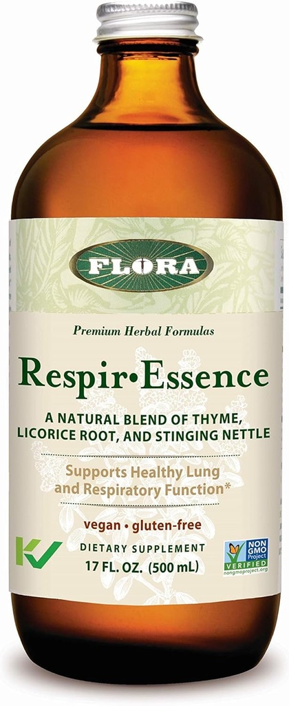 Flora - Respir-Essence - Υποστηρίζει τον Πνεύμονα και την Αναπνευστική Υγεία - Περιέχει Θυμάρι, Ρίζα Λικέρης, Ελεκαμπανί & Περισσότερα - Μη ΓΤΟ, Vegan, Χωρίς Γλουτένη & Kosher - 17 fl. oz. Γυάλινη φιάλη