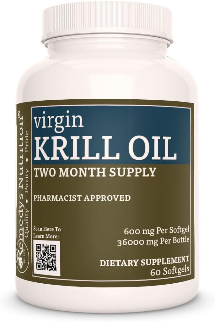 Remedy's Beslenme Virgin Krill Oil (Omega-3 Fatty Acids: EPA & DHA) | 600 mg, 60 Softgels Diyeter Supplement | İki Ay Supplygels Diyet