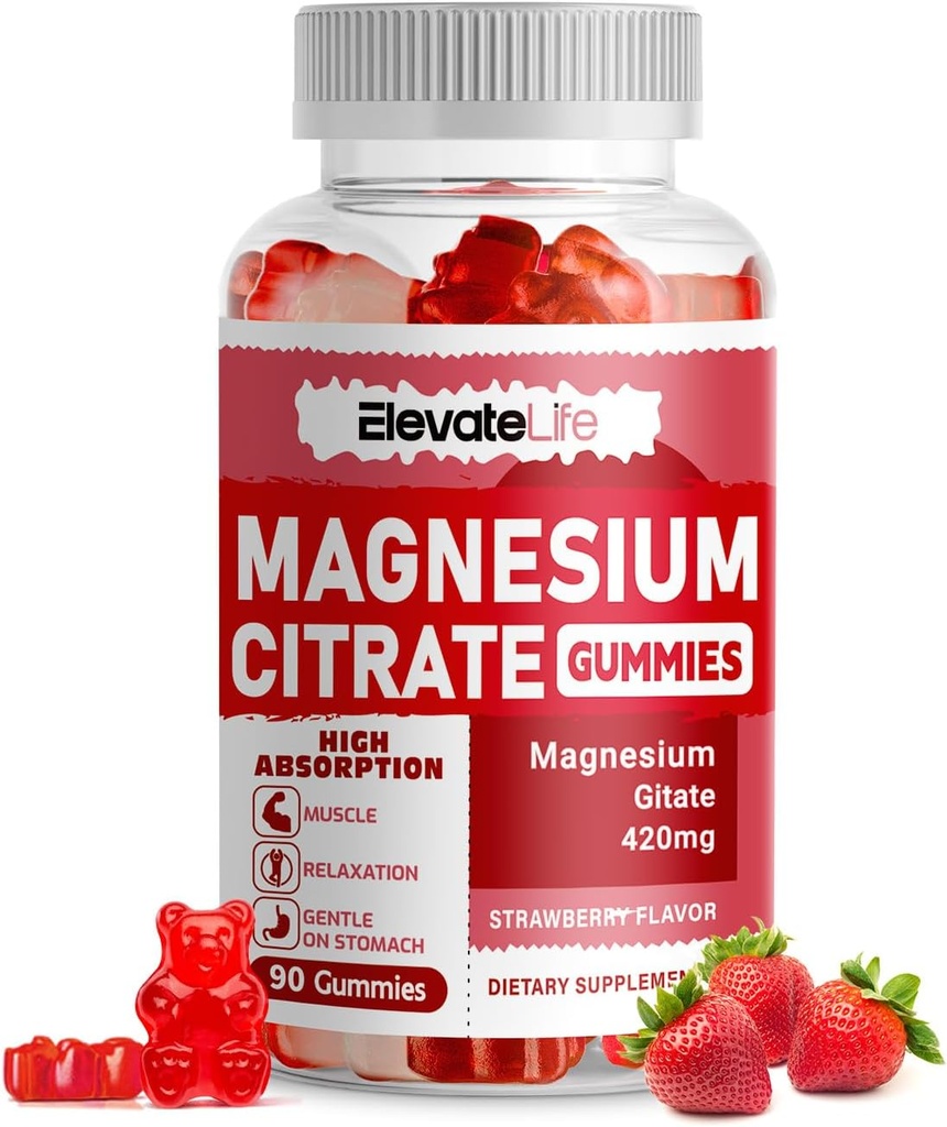 Magnezyum Citrate Gummies 420 mg per Service - 90 Vegan Gummies - Sağlıklı Rahatlama, Kas, Bone, & Energy Support (90 Strawberry Gummies)