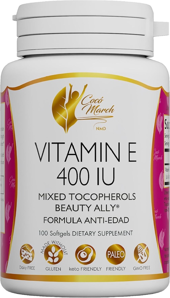 Cocó Mart N.M.D Natural Vitamin E 400 IU-Mixed Tocopherols, Beauty Ally, 3 Ay Supply - Gluten Free, Paleo Dostu, Süt Free, Keto Friendly, GMO Free, 100 Softgels