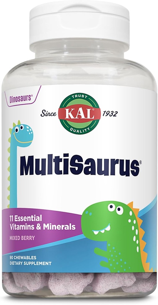KAL MultiSaurus παιδιά μασώμενες πολυβιταμίνες, 11 βασικές βιταμίνες και ορυκτά για παιδιά, μικτή γεύση μούρου, γλουτένη και συντηρητικά δωρεάν, 90 υπηρεσίες, 90 Dinosaur-Shaped μασώμενα