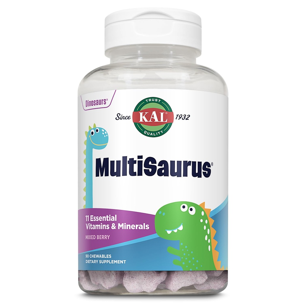 KAL MultiSaurus Kids Chewable Multivitamins, 11 Temel Vitaminler ve Çocuklar için Mineraller, Karma Berry Flavor, Gluten ve Preservative Free, 90 Hizmet, 90 Dinozor-Shaped Chewables
