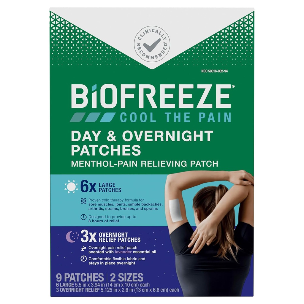 Biofreeze Day & Overnight Pain Relief Patches, Menthol Pain Patches for Arthritis & Muscle Pain Relief, Άνετο & Ευέλικτο Ύφασμα Μένει στη θέση του, FSA / HSA Επιλέξιμες, 9 Patches (6 Ημέρα, 3 Νύχτα)
