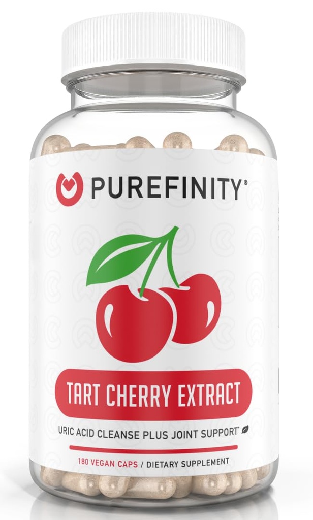 PUREFINITY Tart Cherry Capsules – Uric Acid Flush & Cleanse to Support Joint & Muscle Comfort with 3000 mg Raw Extract, Non-GMO, Gluten Free, Vegan – 180 Count (6 Ay Supply)