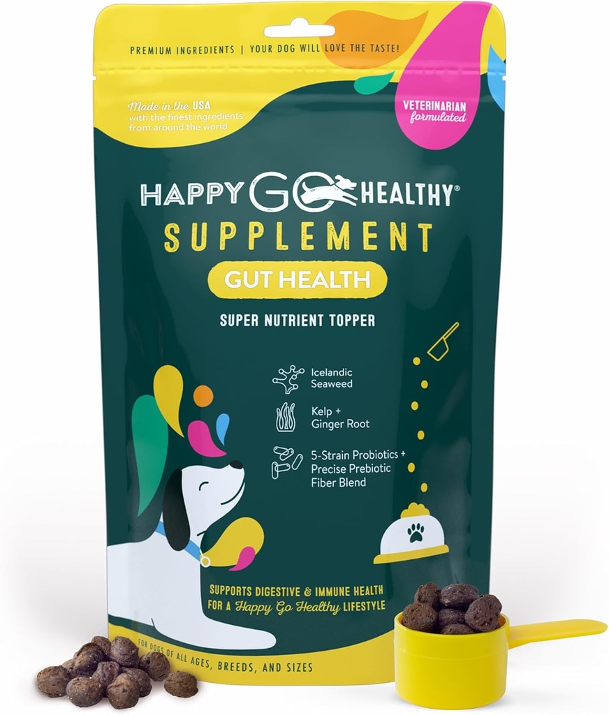 Dog Gut Health Probiyotiks Supplement | Finds Digestive Health and Immune System Support for Dogs and Puppies | All Natural Materialss Tasty Kibble Dog Food Topper | 60 Count Pack
