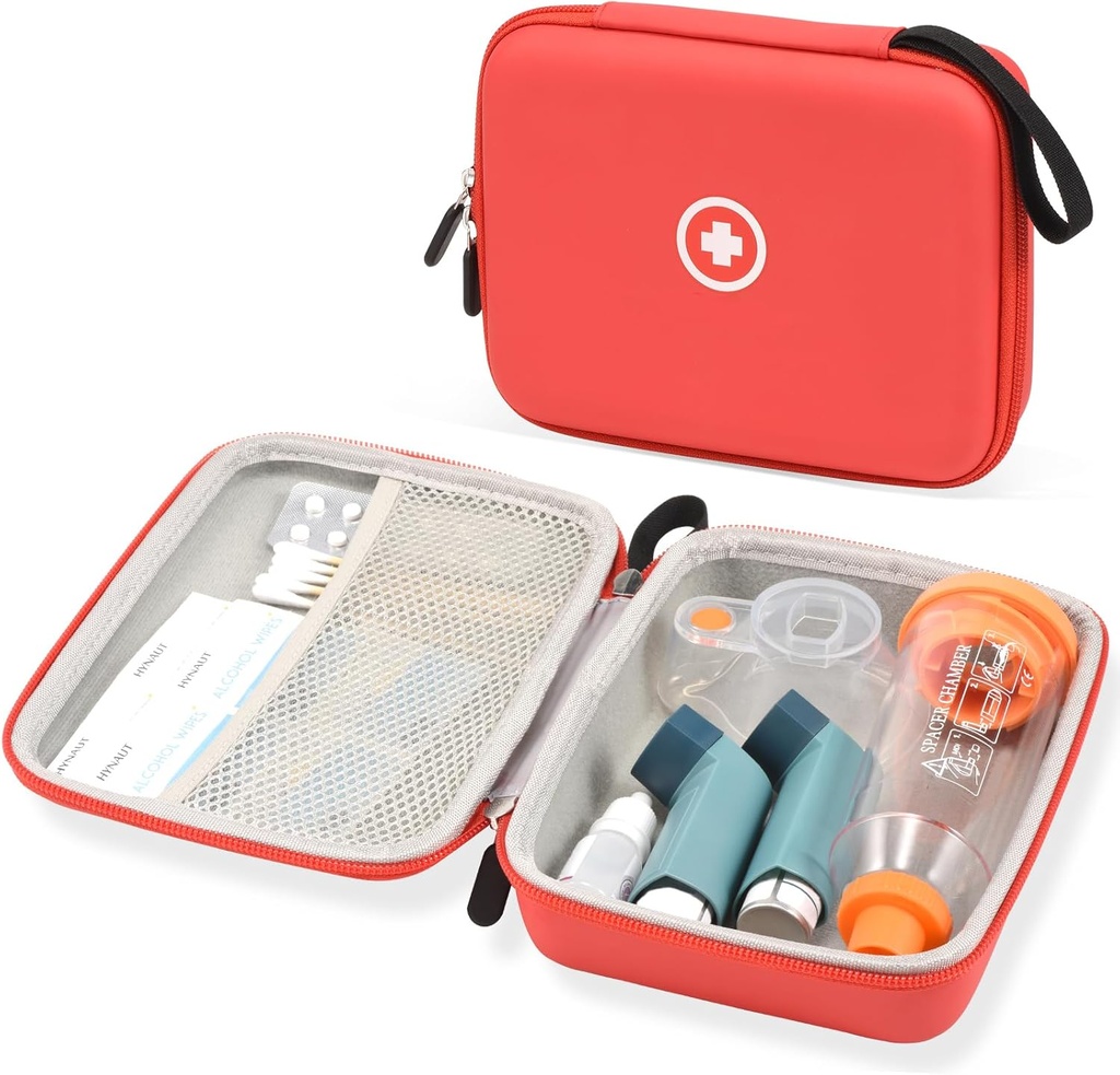 Fukumi Hard Travel Case for Asthma Inhaler, Inhaler Spacer Case for Kids and Adults, Masks, Assthma Accessories Case with Mesh Pocket for Medicine and Other Accessories, Red (Case Only)