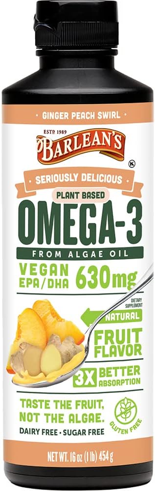 Barlean'ın Ginger Peach Vegan Omega 3 Supplement, Liquid Algae Oil 630 mg EPA & DHA, Plant Based Omegas from Algal Oil, Non-GMO & Gluten Free, 16 ozzz