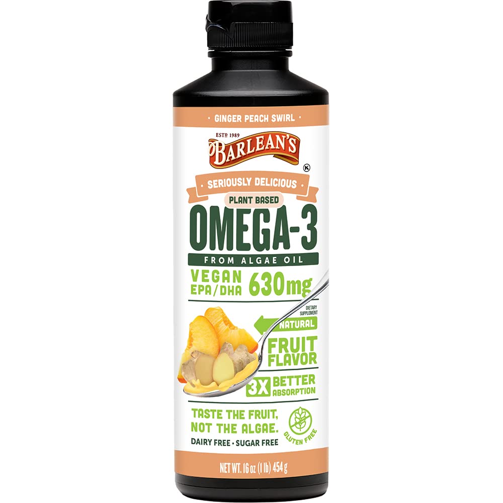 Barlean'ın Ginger Peach Vegan Omega 3 Supplement, Liquid Algae Oil 630 mg EPA & DHA, Plant Based Omegas from Algal Oil, Non-GMO & Gluten Free, 16 ozzz