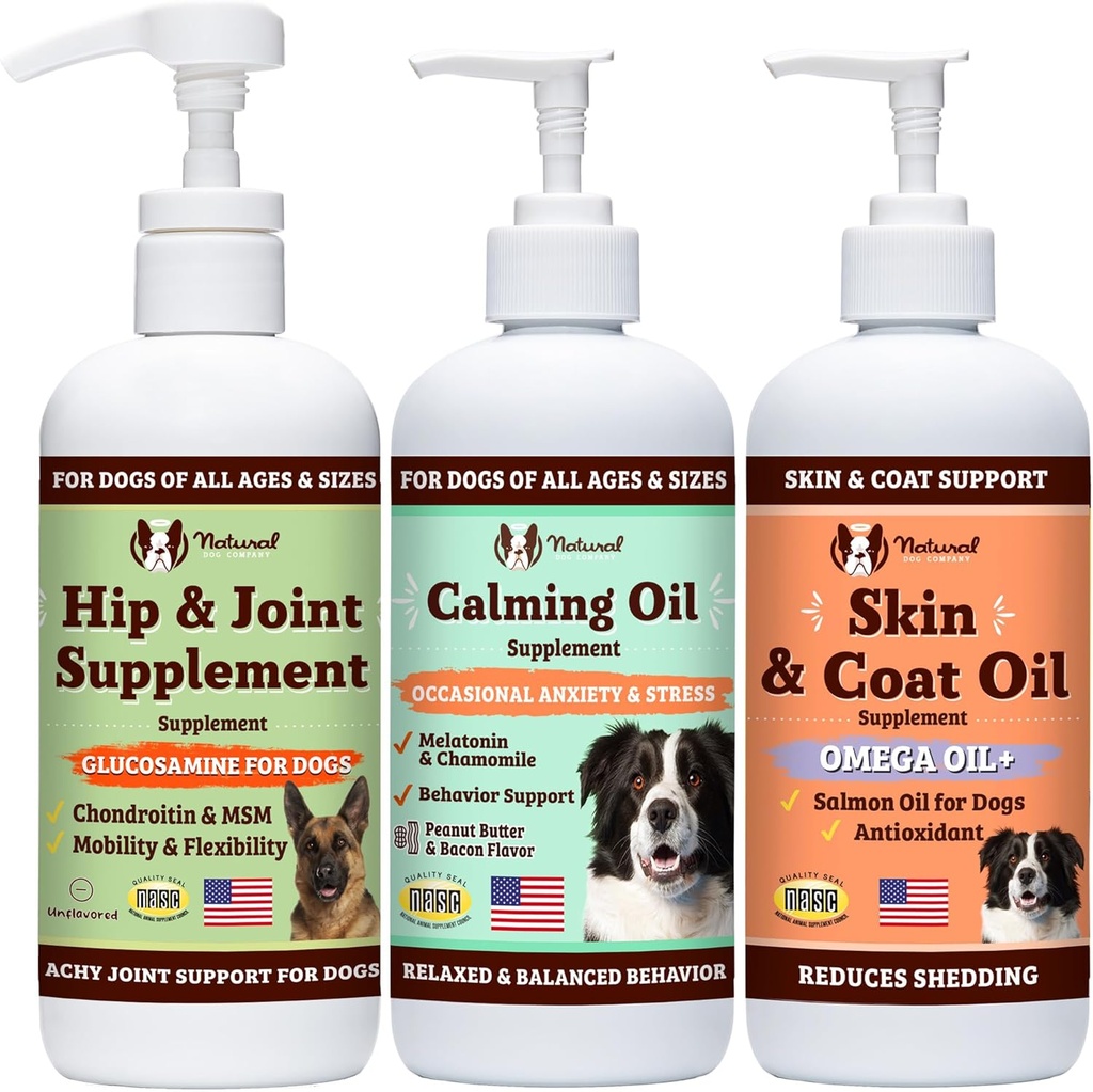 Natural Dog Company Wellness Bund$le for Dogs, Food Toppers, Liquid Supplements with (1) Skin & Coat Oil, (1) Liquid Glucosamine, (1) Calming Oil