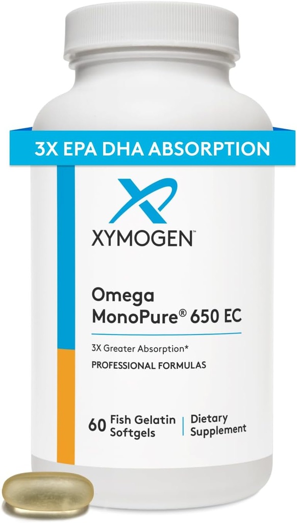 XYMOGEN Omega MonoPure 650 EC - Omega-3 Fish Oil Supplements for Women & Men - EPA, DHA & DPA - Smaller Softgels with 3X Greater Abpole - Support a natural heart & Cognition (60 Softgels)