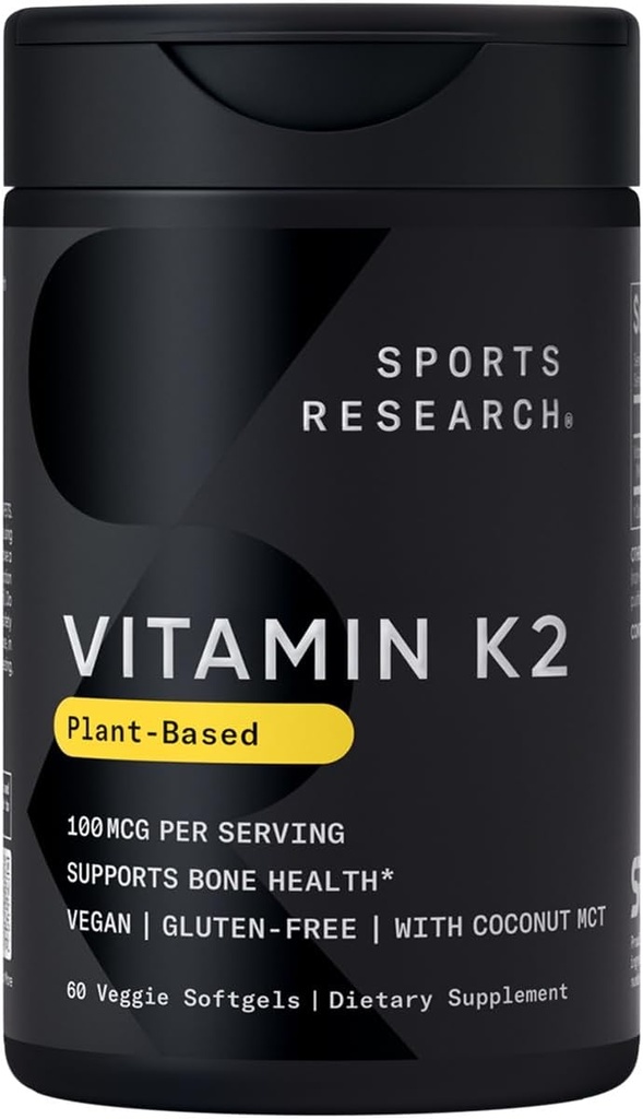 Sports Research® Vitamin K2, MK-7 100mcg with Coconut MCT Oil - 60 Veggie Softgels (2 Ay Supply) Vegan sertifikalı, Non-GMO TY, Gluten & Soy Free