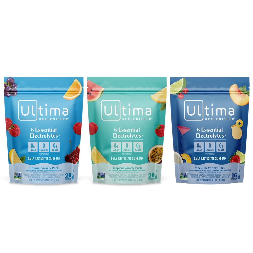 Ultima Replenisher Daily Electrolyte Toz İçecek Mix - Sugar Free - Tropikal, Mocktini, Orijinal Çeşitlilik, 56 Stickpacks - Hydration Packets - 6 Electrolytes and Minerals – Keto, Non-GMOMO