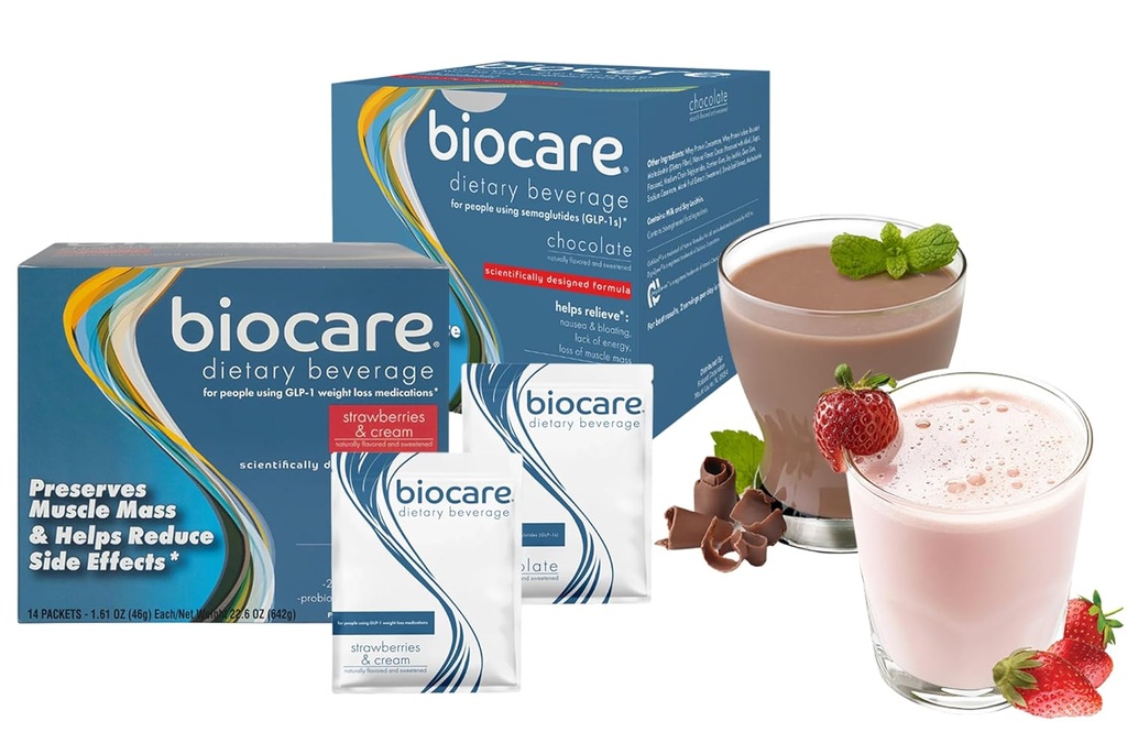 Nutritional Beverage for GLP-1 Users, Dietary Powder Drink Provides 20g Essential Protein, 26 Vitamins/Minerals, Helps Ease Nausea, Bloating, Constipation, Chocolate and Strawberry & Cream