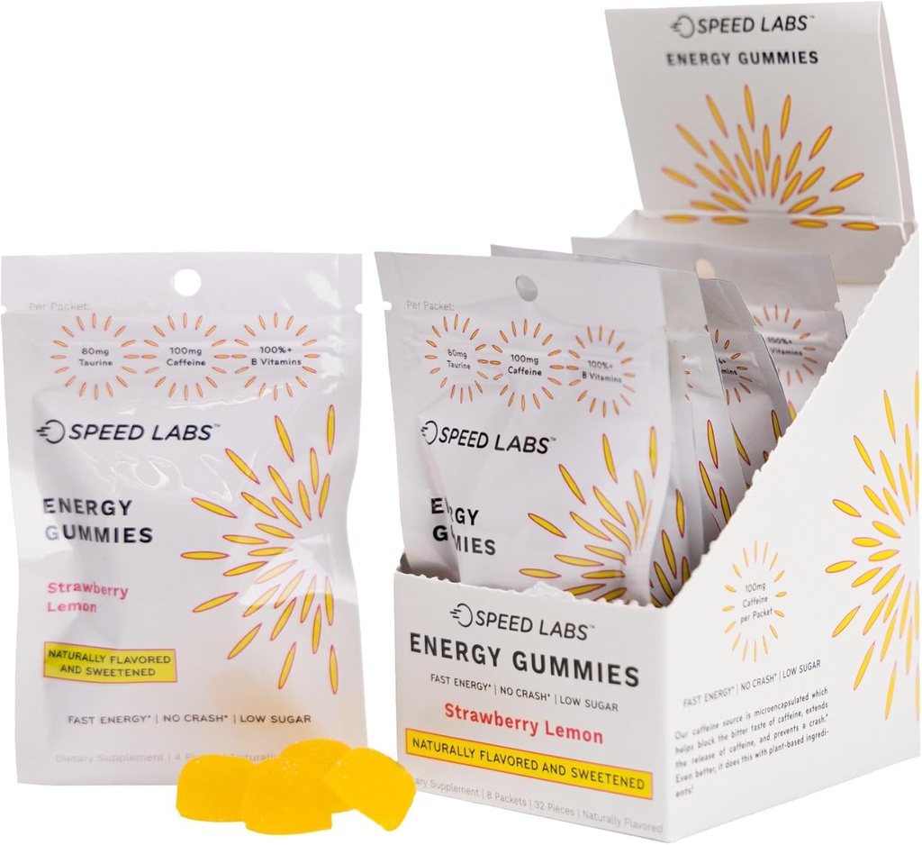 Hız Laboratuvarları Enerji Gummies Strawberry Lemon Natural, 25 mg Caffeine, Taurine, B-Vitamins per Piece, 32 Adet (8 Paket) Vegan, Gluten Free, 1g Eklenen Sugar