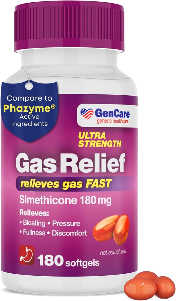 GenCare - Ultra Strength Simethicone Gas Relief 180 mg (180 Softgels) | Anti Flatulence, Bloating Aid, Stomach Discomfort ve Gaz Baskı Reliever Pills | Relieves Gas Fast | Generic Phazym