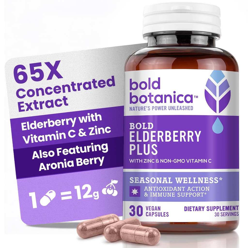Bold Botanica Elderberry Plus – 65x Concentrated Black Elderberry Capsules with Vitamin C and Zinc for Adults for Daily Immune Support Supplement & Seasonal Wellness, Non-GMO – 30 Vegan Capsules