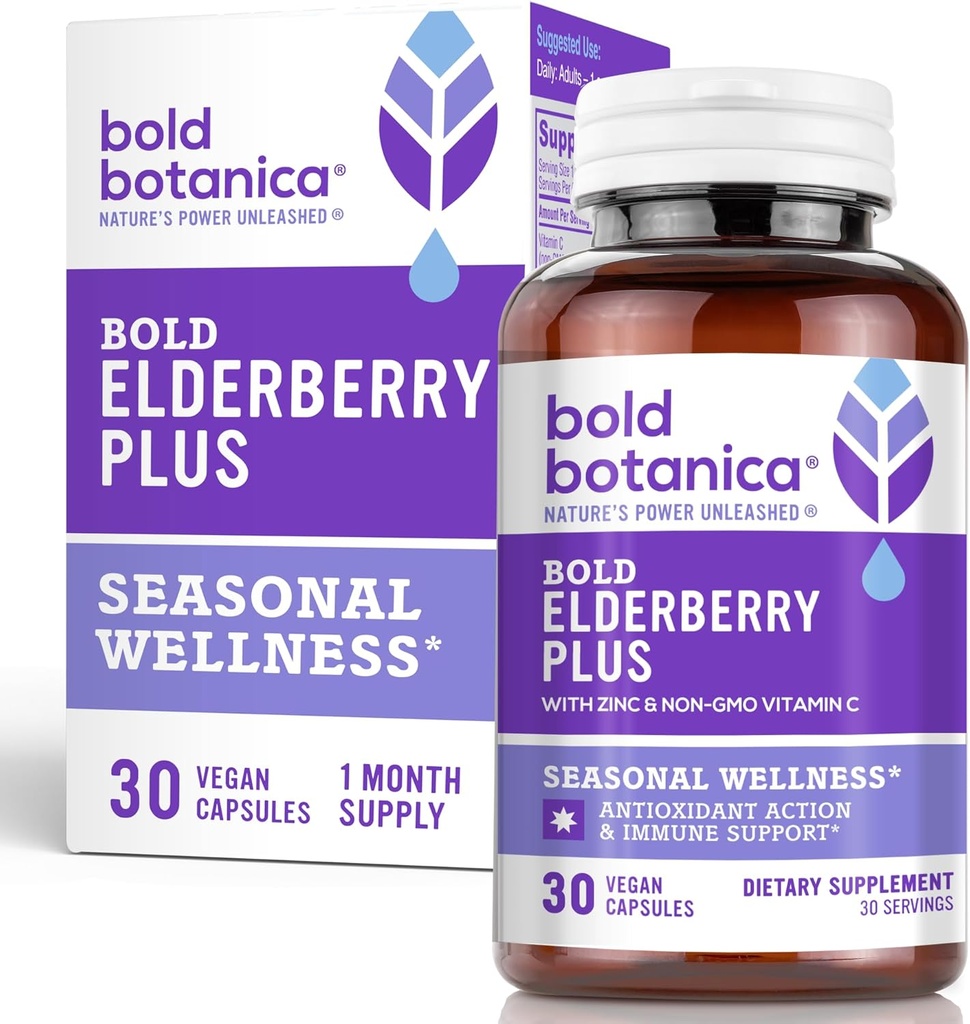 Bold Botanica Elderberry Plus - 65x Yoğun Siyah Yaşlılar, günlük Immune Support & Mevsimsel Wellness - Non-GMO, 30 Vegan Capsules