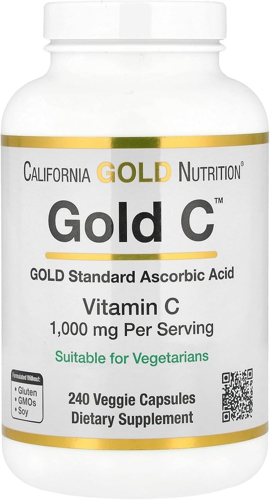 California Gold Nutrition Gold C USP Grade Vitamin C Supplement - Ανοσολογική Υποστήριξη & Εποχιακή Ευεξία - Χορτοφαγική Φιλική - Χωρίς γλουτένη, Μη ΓΤΟ - 1000 mg - 240 κάψουλες λαχανικών