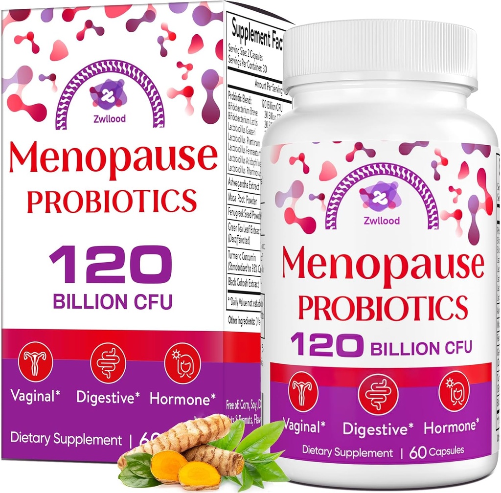 Kadınlar için 120 milyar CFU Menopause Probiyotiks, Hot Flashes Menopause, Night Sweats, Mood Swings, Gut ve Hormonlar - 60 Herbal Capsules