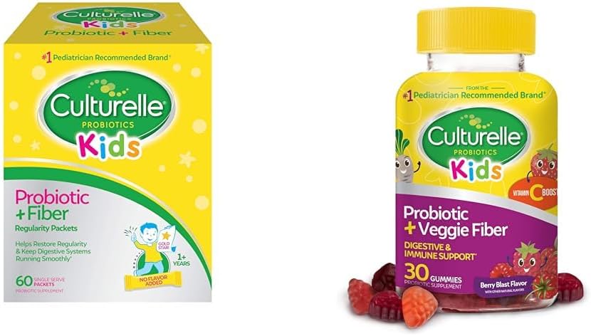 Culturelle Kids Probiyotik + Fiber Packets (Ages 3+) - 60 Kont & Daily Probiyotik for Kids + Veggie Fiber Gummies (Ages 3+) - Kont 30 - Digestive Health & Immune Support Berry Flavor with a C C C