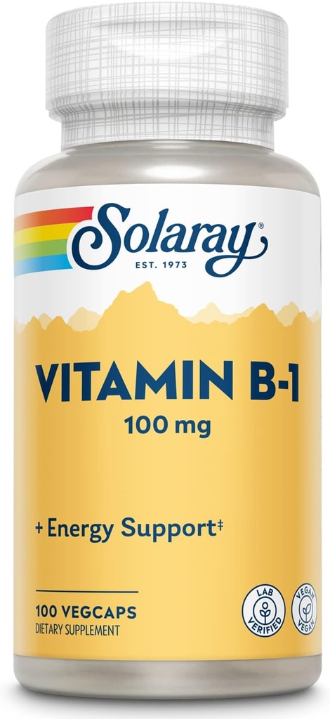 SOLARAY Vitamin B-1 100 mg | Healthy Energy Metabolism, Skin, Brain, Heart & Nervous System Support | 100 VegCaps
