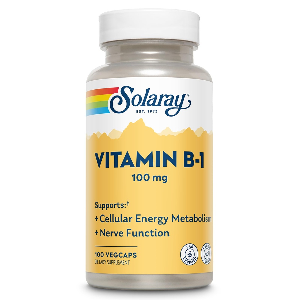 SOLARAY Vitamin B-1 100 mg | Sağlıklı Enerji Metabolism, Skin, Beyin, Kalp ve Nervous Sistem Desteği | 100 VegCaps