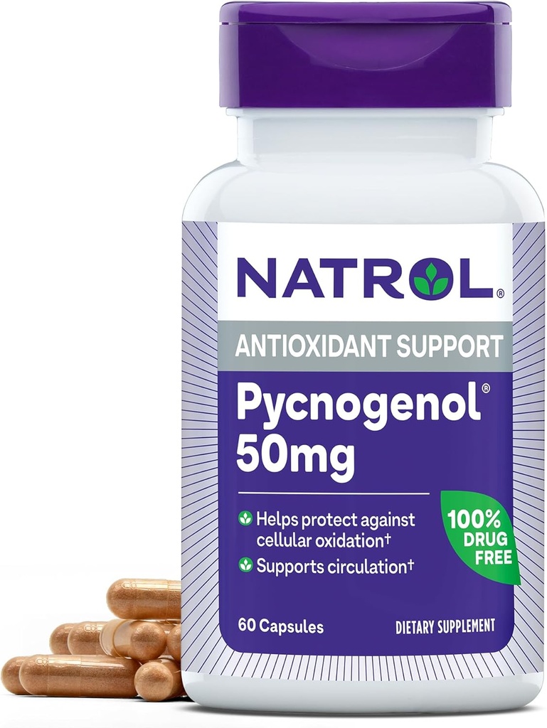 Natrol Pycnogenol Capsules, Antioksi Koruma, Hücresel Oxidasyon ve Age-Related Hasar, European Maritime Pine Bark Extract, Supports Circulation, 50, 60 Count