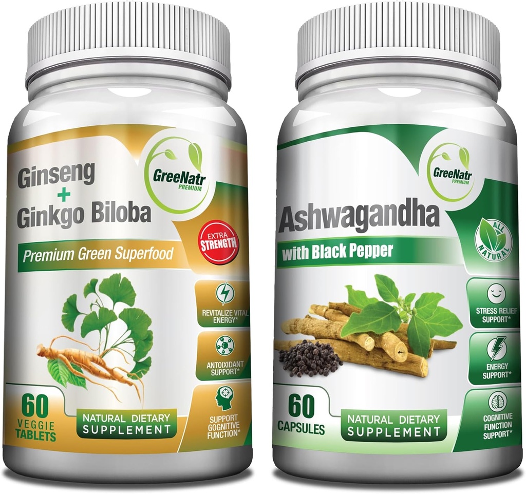 GreeNatr Premium Sche for Holistic Well-Being: Organik Ashwagandha Capsules, Black Pepper for Stress Relief, Plus Ginseng + Ginkgo Biloba Tabletleri, Geleneksel Enerji ATM.