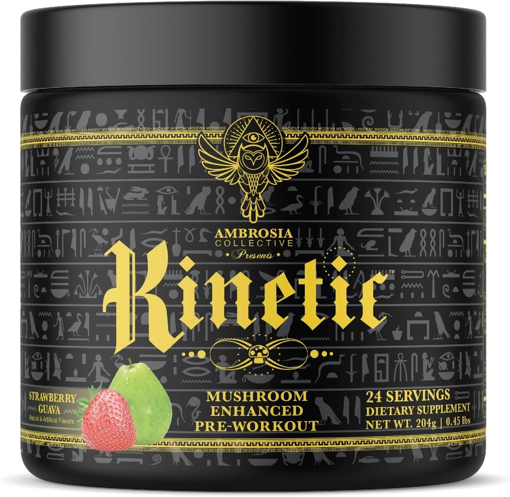 Ambrosia Kinetic Organic Preworkout, Mushroom Discoverd Natural Pre Workout Supplement, Nootropic Superfood Toz for Energy (Strawberry Guava)