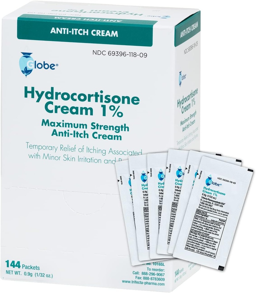 Globe (Box 144 Hydrocortisone 1% Maximum Strength Cream, (0.9g Single Packet) Anti-Itch Cream for Redness, Swelling, Iching, Rash, Bug/Mosquito Bites, Eczema, Hemorrhoids & More
